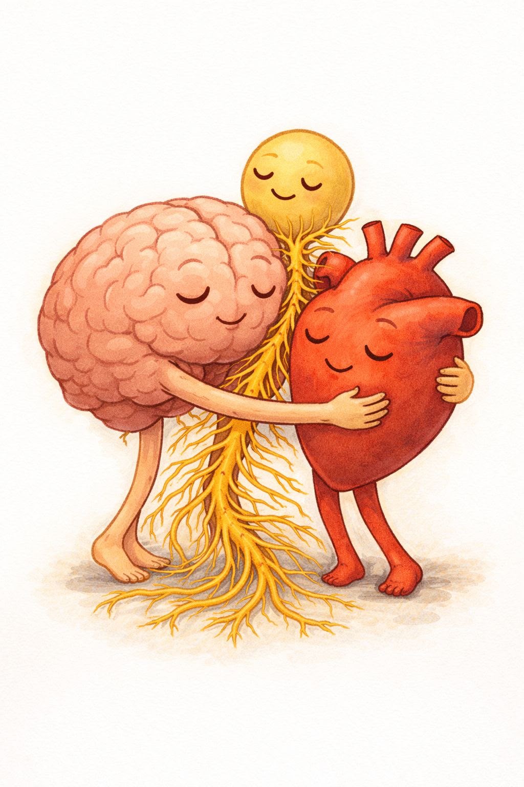 Illustration of a smiling brain embracing a smiling heart, joined by golden roots
