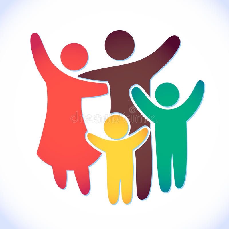 Colorful figures of a family standing together with arms raised